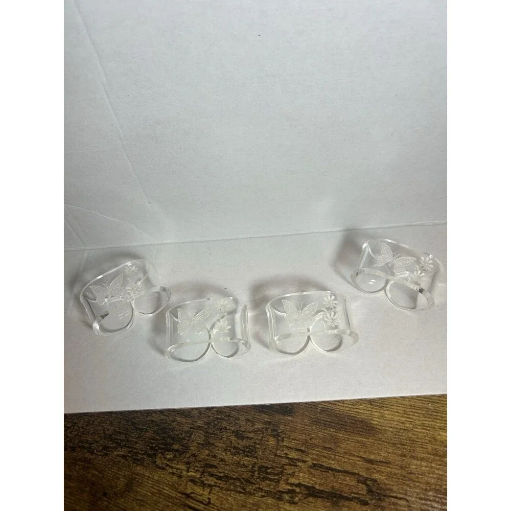 Vintage Clear Plastic Napkin Rings Holder Butterfly Floral Etched Boho Set of 4